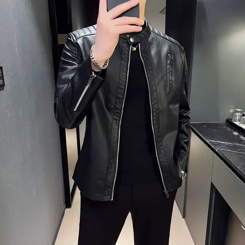 Stand Collar Solid Color White Black Leather Jacket Zip Up PU Coat Men's Motorcycle Leather Jacket Male Spring Autumn Casual