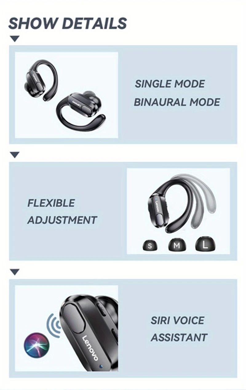 Lenovo XT80 Bluetooth 5.3 Earphones True Wireless Headphones with Mic Button Control Noise Reduction Earhooks Waterproof Headset