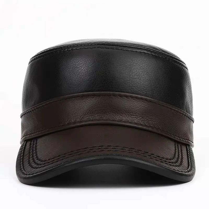 Genuine Leather Cap Men's Flat Caps Military Hat Elegant Man Baseball Cap British Vintage Cowhide Warm Hat Adjustable 55 60cm