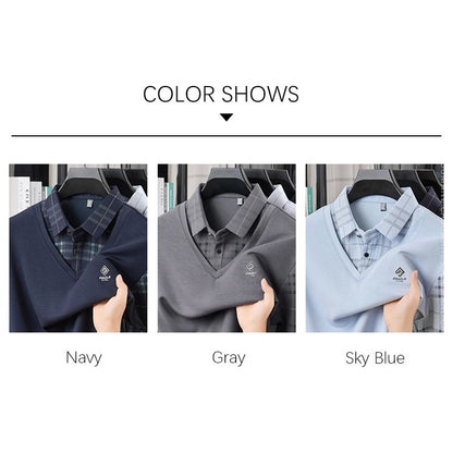 TFETTERS Business Men Polo Shirt 2025 Fashion Casual Slim Long Sleeve T Shirt Men Pullover Printed Plaid Shirts for Man Clothing