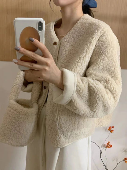 Korean Chic round Neck Single Button Loose Lamb Fur Jacket Winter Elegant Fashion Small Size with Bag Matching Women's Coat