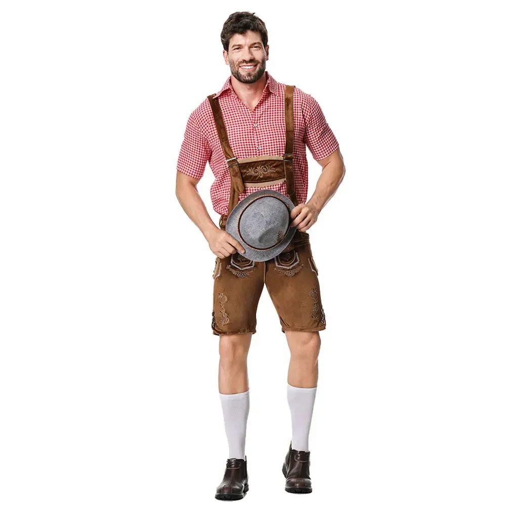 Bavarian Octoberfest German Beer Costume Male Oktoberfest Lederhosen Costume Beer Shirt Suspender Shorts Hat Cosplay Costumes