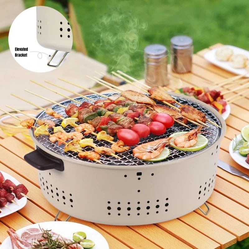 Churrasqueira Portátil Coreana a Carvão de Aço Inoxidável Divisível Fogão Redondo Antiaderente para Churrasco ao Ar Livre Acampamento