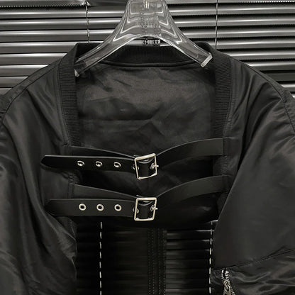 2024 Autumn New Niche Design Black Shoulder Vest Women's Leather Flight Plane Style Cropped Jacket Crew Neck Pattern