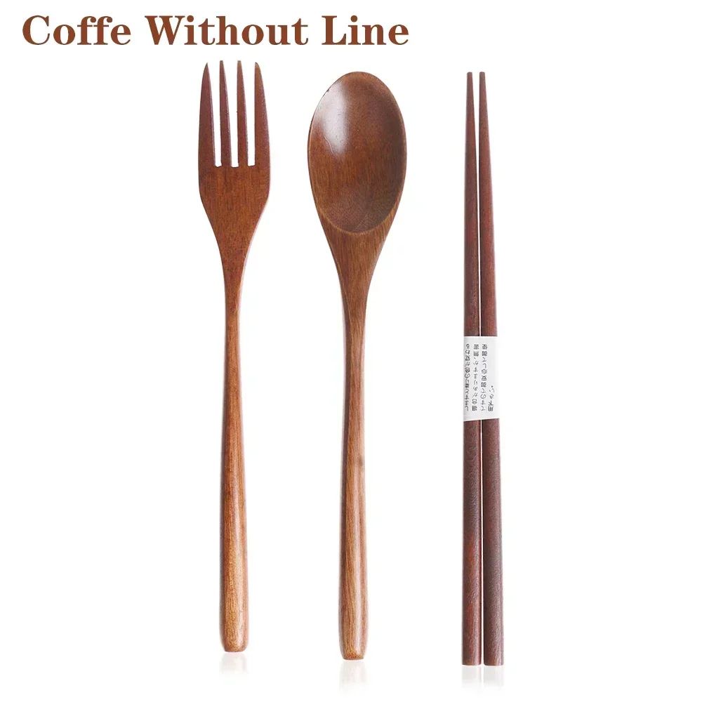 Conjunto de Talheres de Madeira Colher Garfo Cortador Reutilizável Madeira Bambu com Bolsa Portátil Louça Utensílios de Mesa Material para Almoço Estudantil