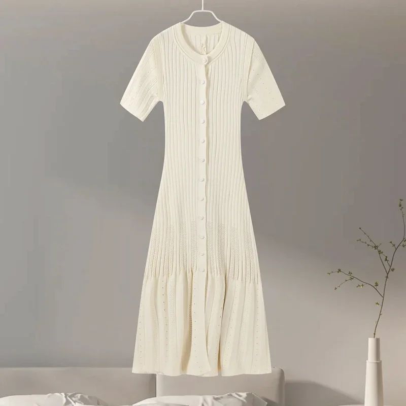 Elegant Knit Dress For Women White Slim O-neck Single Breasted Short Sleeve Long