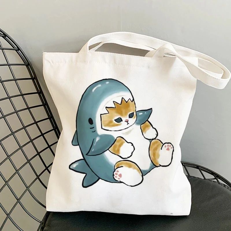 Kawaii Cats Manga Cartoon Reusable Tote Bag Women's High Capacity Versatile Canvas Shoulder Bag, Beach Shopper Handbag