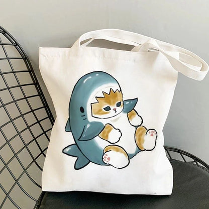 Kawaii Cats Manga Cartoon Reusable Tote Bag Women's High Capacity Versatile Canvas Shoulder Bag, Beach Shopper Handbag