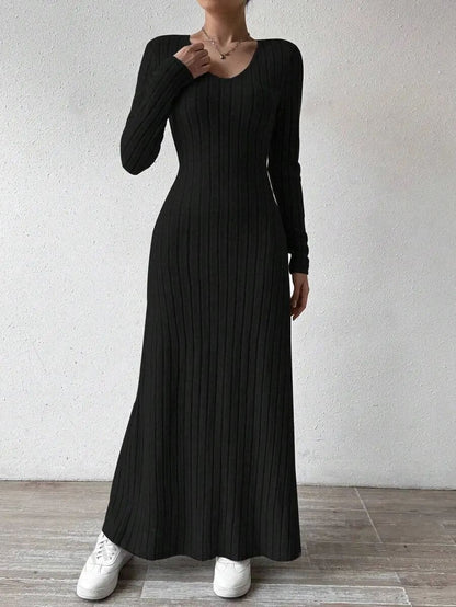 Fashionable Knitted Long Sleeve A- Line Streetwear Dress For Women Smooths And Slims Your Silhouette Solid Color Long Dress