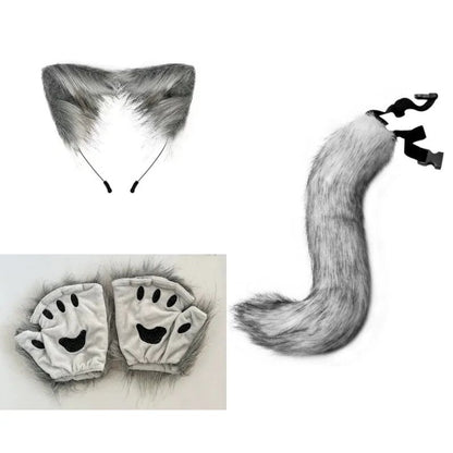 Costume Set Fox Tail Ears Gloves Artificial Fur Boot Covers Cosplay Halloween Prop Adult Women Men Unisex