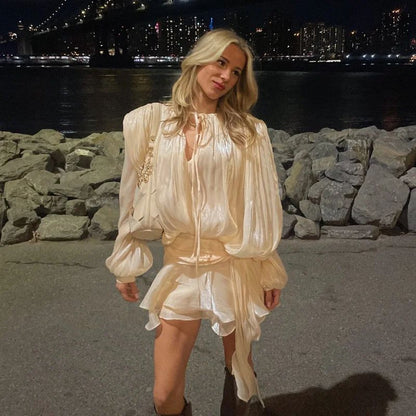 Elegant Ruffles Shiny Mini Dresses Fashion Solid Long Sleeve Lace Up V Neck Plea