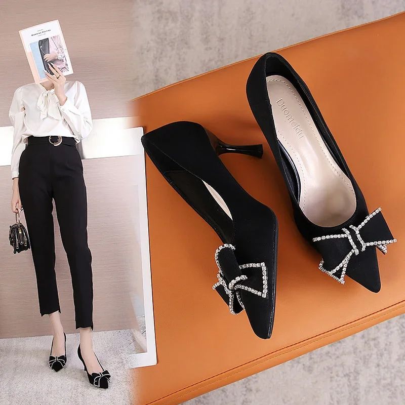 Versatile New Single Shoes Autumn and Winter  Sexy Pointy Rhinestone Black Mature Women's Thin Heels High-heel Zapatos Mujer