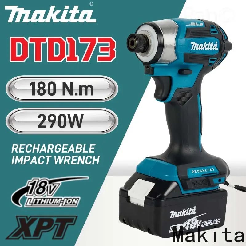 Parafusadeira de Impacto sem Fio Makita 18V LXT DTD173 Motor Brushless Furadeira Elétrica Parafusadeira Modo Madeira/Parafuso T1/T2 Luz LED Dupla 180 N·m