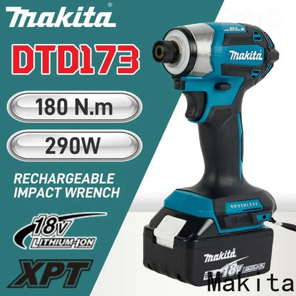 Parafusadeira de Impacto sem Fio Makita 18V LXT DTD173 Motor Brushless Furadeira Elétrica Parafusadeira Modo Madeira/Parafuso T1/T2 Luz LED Dupla 180 N·m