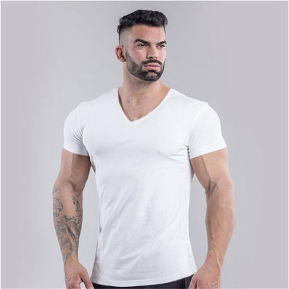 Plain Cotton Gym T-shirt Men Summer Fitness Clothing V-Neck Short Sleeve T shirt Slim Fit Tshirt Bodybuilding Workout Tees Tops