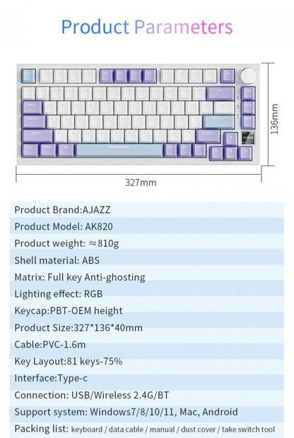 Teclado Mecânico Ajazz Ak820 USB com Fio 75% Luz Branca Gasket Teclas Hot Swap Completas Teclado Gamer Esports Personalizado para PC Notebook