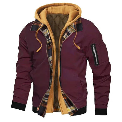 Jaqueta masculina de moletom com capuz outono inverno casual cor sólida falsa de duas peças com zíper e manga comprida quente