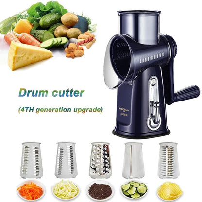 Ralador de Queijo Rotativo, Fatiador Mandoline Redondo com Alça e 5 Lâminas Tambor, Fatiador Manual de Vegetais de Cozinha, Moedor de Nozes