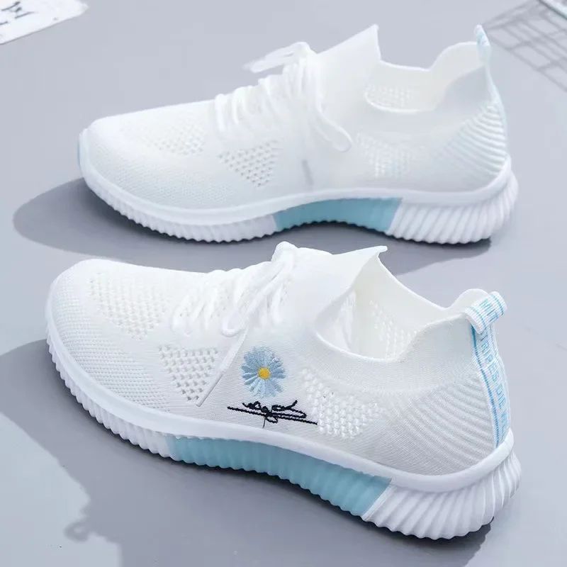 Spring and autumn seasonsLadies Knitted Sneakers Fashion Simple Lace-up Running Shoes Mesh Breathable Casual Female Students