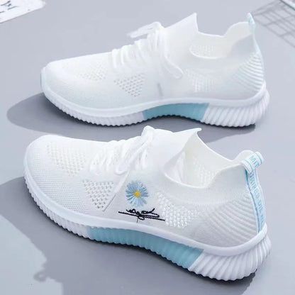 Spring and autumn seasonsLadies Knitted Sneakers Fashion Simple Lace-up Running Shoes Mesh Breathable Casual Female Students