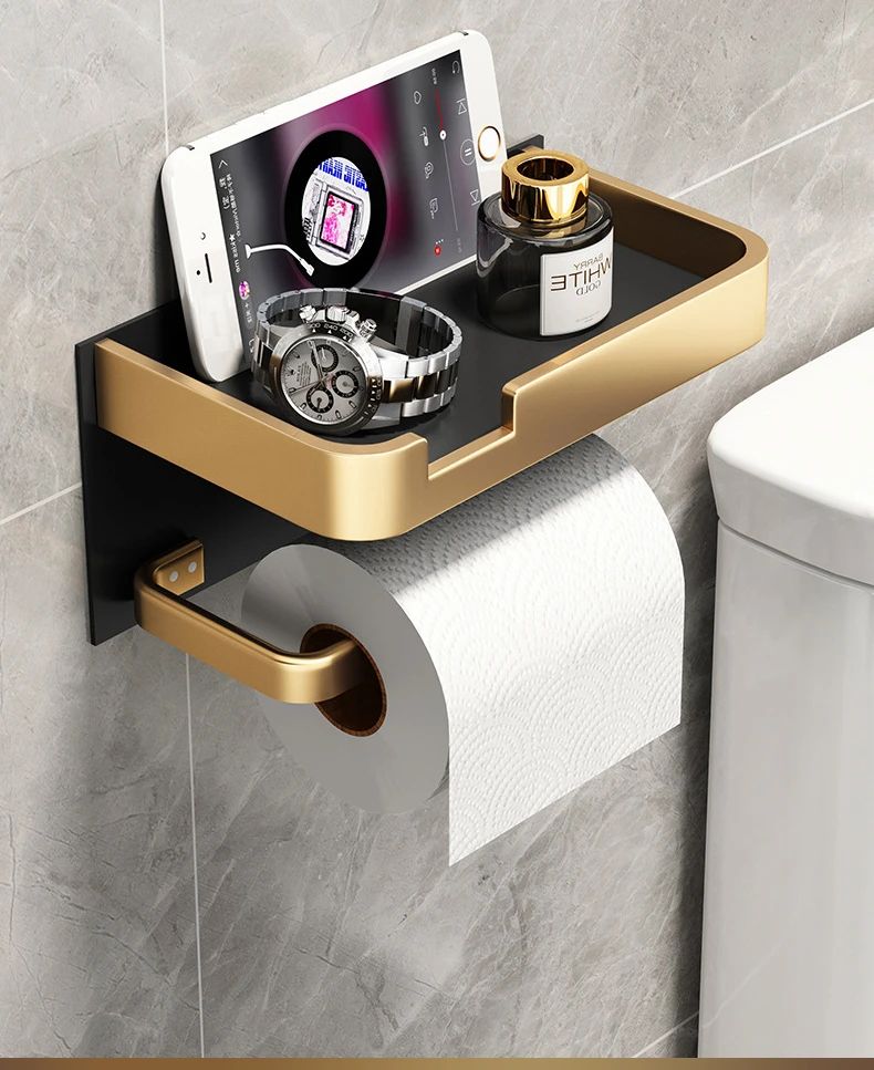 Black Gold Toilet Paper Holder Bathroom Wall Mount Multifunction WC Paper Phone Holder Shelf Towel Roll Shelf Accessories