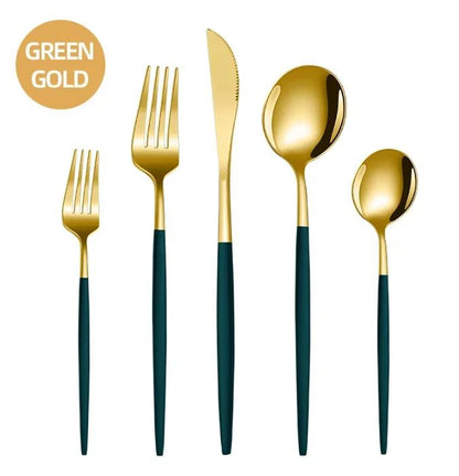 Conjunto de talheres de aço inoxidável banhado a ouro e titânio preto, com 5 peças, cabo com talheres de boca e conjunto de talheres de mesa