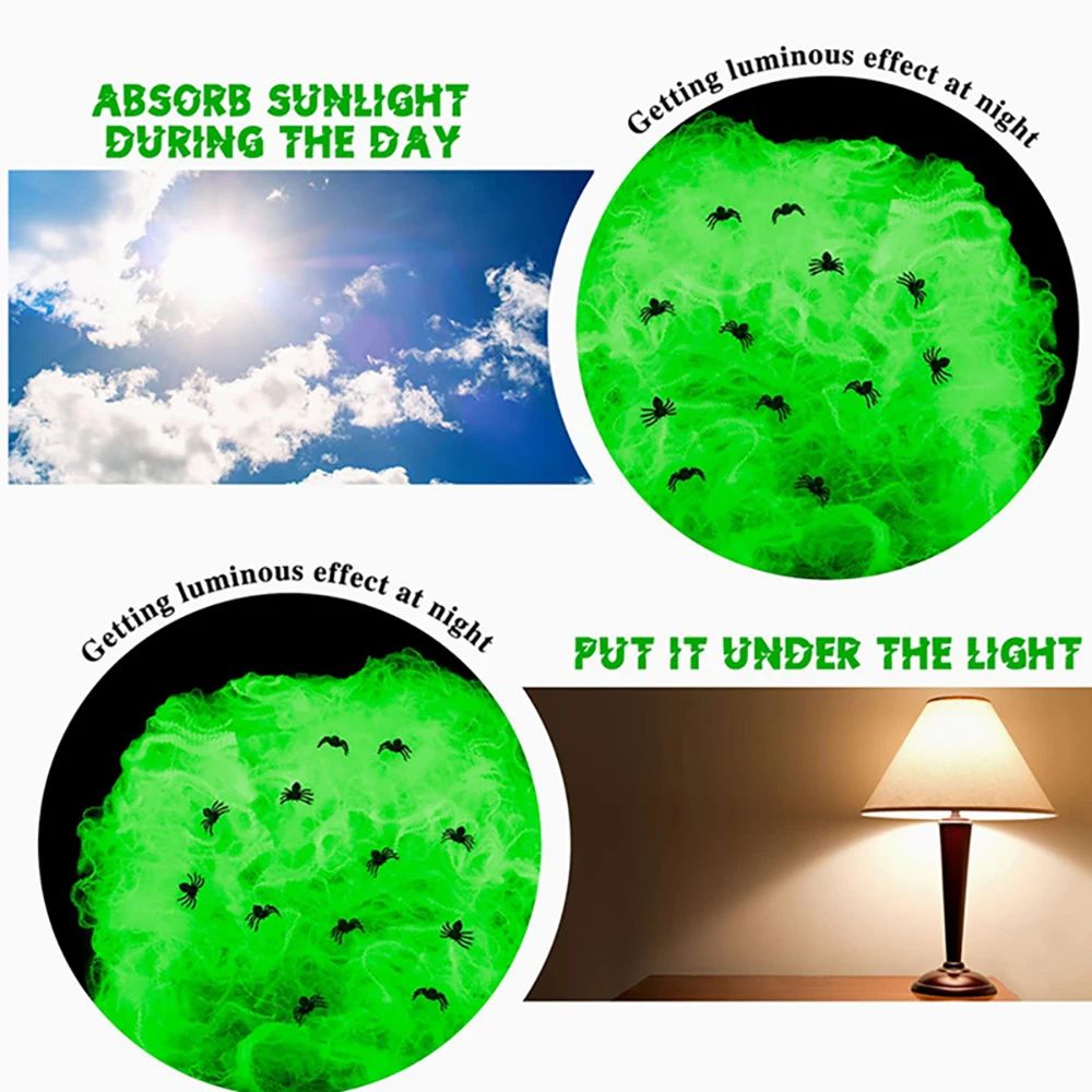 Runtow Luminous Spider Web & 50pcs Black Spider , Halloween Party Decorations,Outdoor Horror Haunted House Decoration Props