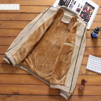 Autumn And Winter New Men's Fashion Aviator Jacket Fleece Thickened Warm Baseball Jacket Solid Color Zipper Large Size Top M-5XL