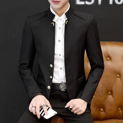 2024 Spring New Men's Stand Collar Casual Suit Jackets Youth Fashion Solid Color Stitching Three Button Mens Blazer Coats