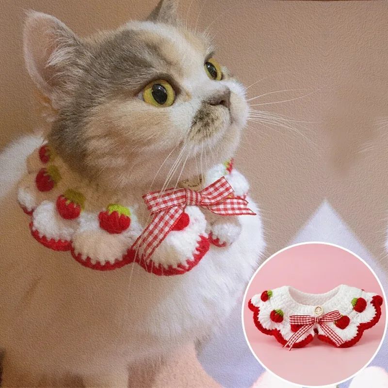 Colar de morango para gatos, feito à mão, coleira de cachorro de estimação pequena, feita à mão, babador, adequado para fotografia de animais de estimação