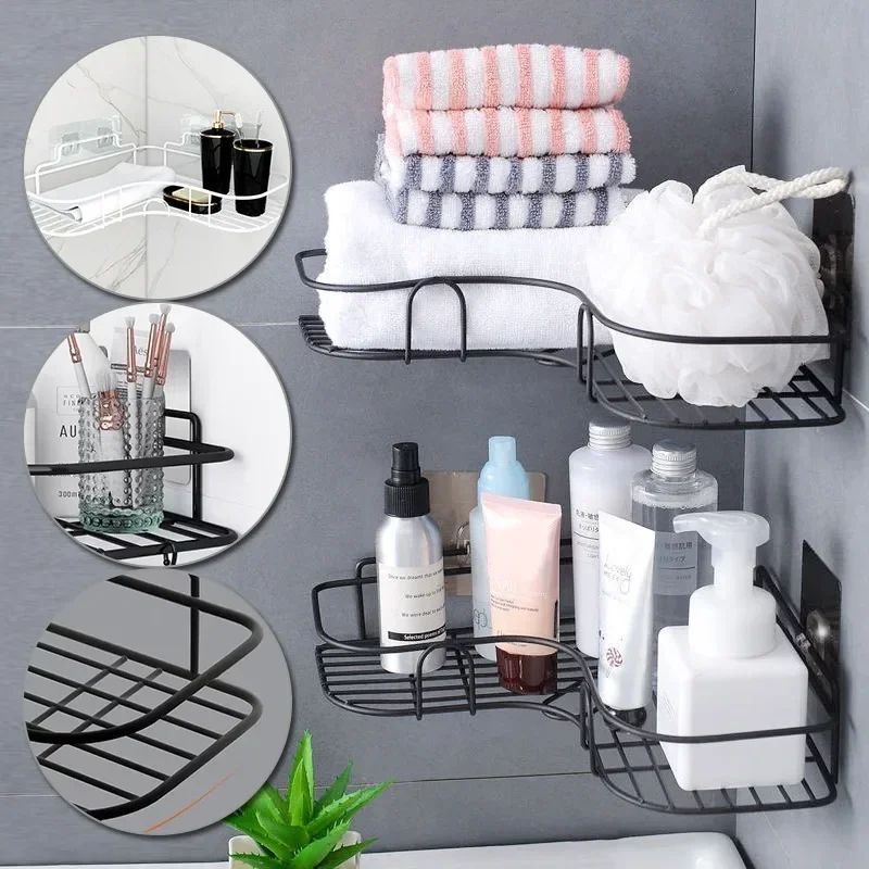 Prateleira de banheiro de ferro forjado estilo japonês, rack de armazenamento de gel de banho montado na parede, suporte de higiene pessoal sem furos para toalete