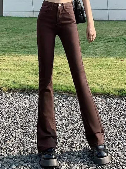 Women Korean Flare Jeans Girls High Waist Elastic Boot Cut Pants Lady Vintage Blue Black Gray Brown Denim Bell Bottom Trousers