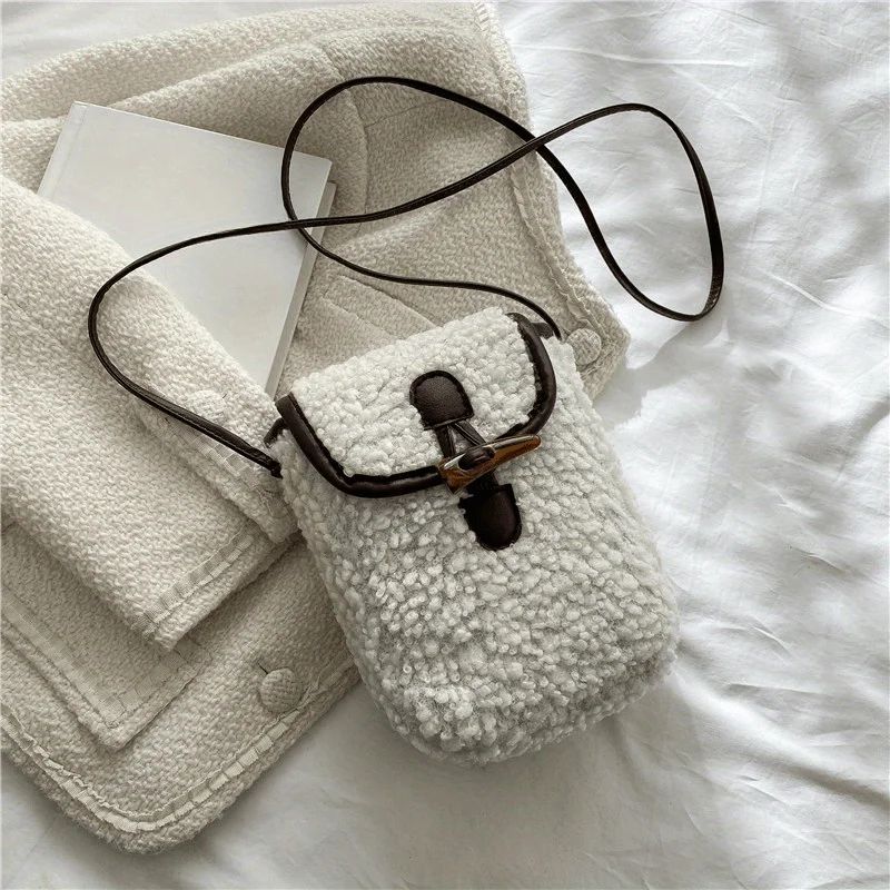 1 Pcs Women's Retro Lamb Fleece Bag Color Blocking Minimalist Mobile Phone Bag Single Shoulder Crossbody Small Bag