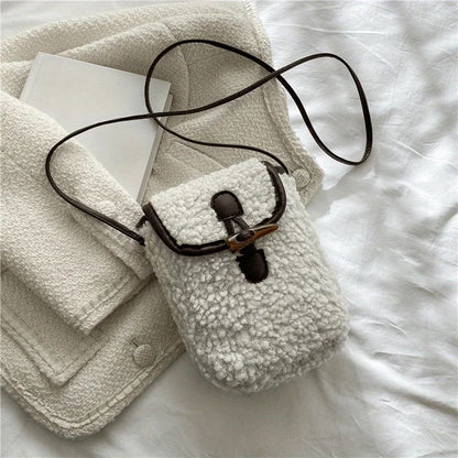 1 Pcs Women's Retro Lamb Fleece Bag Color Blocking Minimalist Mobile Phone Bag Single Shoulder Crossbody Small Bag