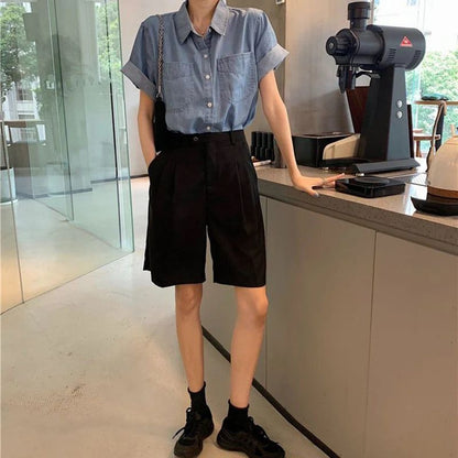 Summer Korean Denim Short Sleeve Shirt Women 2025 Pockets Loose Turn Down Colllar Shirts Woman Chic Single Breasted Jeans Blouse