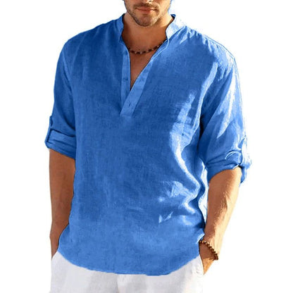 New Men's Linen Long Sleeve T Shirt Solid Color Loose Casual Breathable Shirt Cotton Mens Shirts Designer Lightweight Streetwear