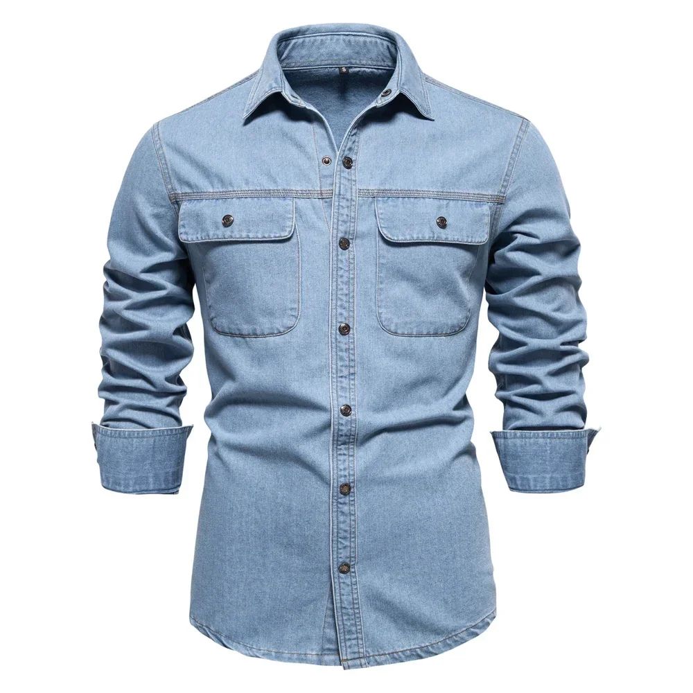 New Autumn 100% Cotton Men's Denim Shirts Solid Color Long Sleeve Cowboy Jean T-Shirt Coat Fashion Casual Fit Shirts for Men