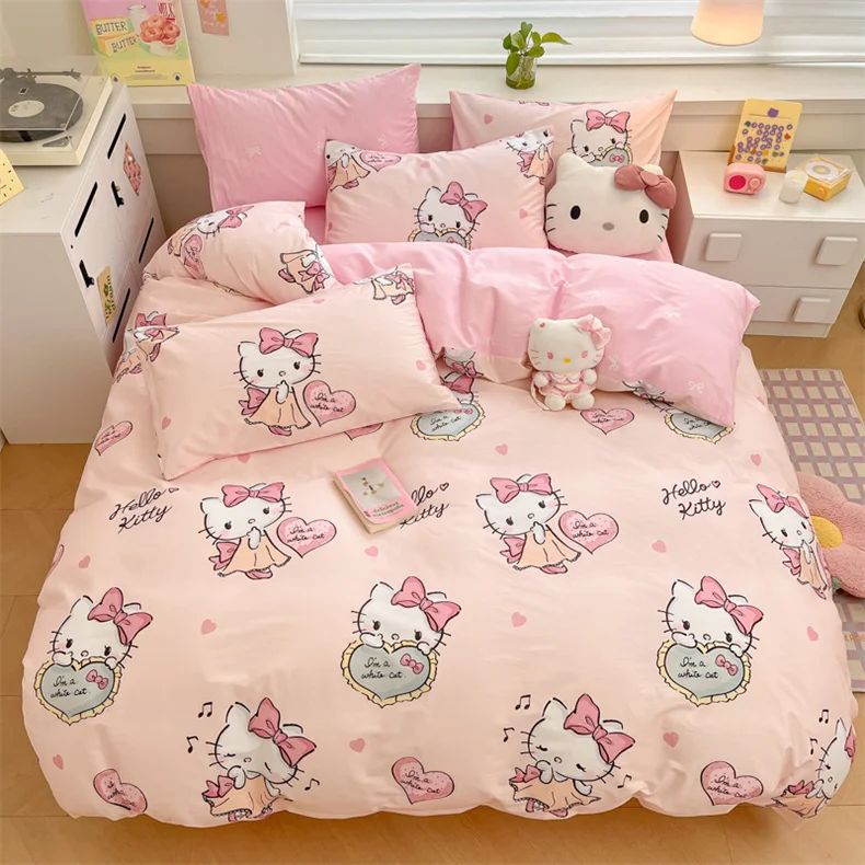 Capa de Edredom Kuromi Melody Desenho Animado Hello Kitty Cinnamoroll Conjunto de Cama Infantil Dormitório Estudantil Capa de Edredom Fofa Decoração de Quarto