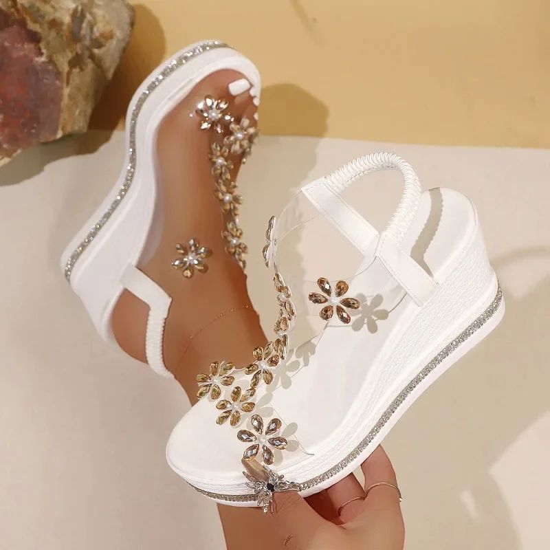 Women's Floral Rhinestone Decorative Sandals Bohemian Style Open Toe Thick Platform Wedge Heel Temperament Beach Sandal