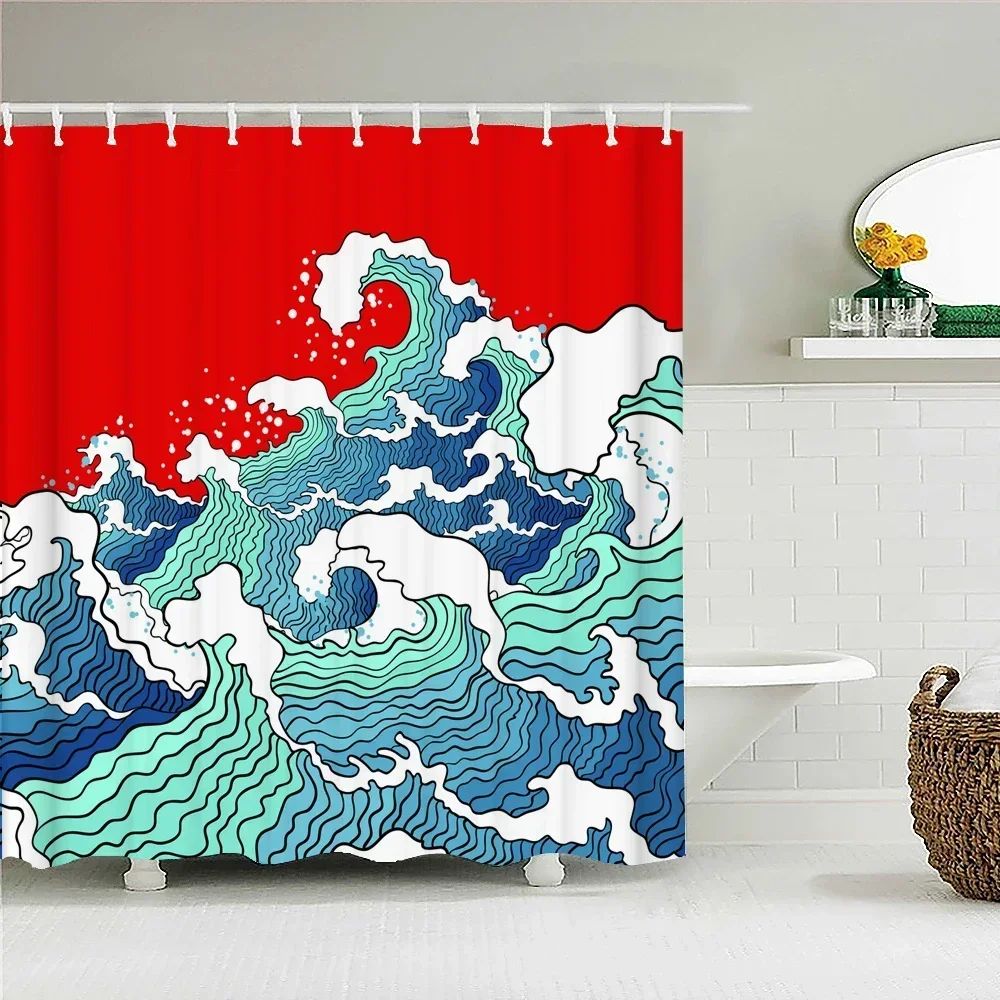 Japanese-style Waves Printing Shower Curtain with Hooks Home Decoration Bathroom Curtains 180x180cm Waterproof Polyester Fabric