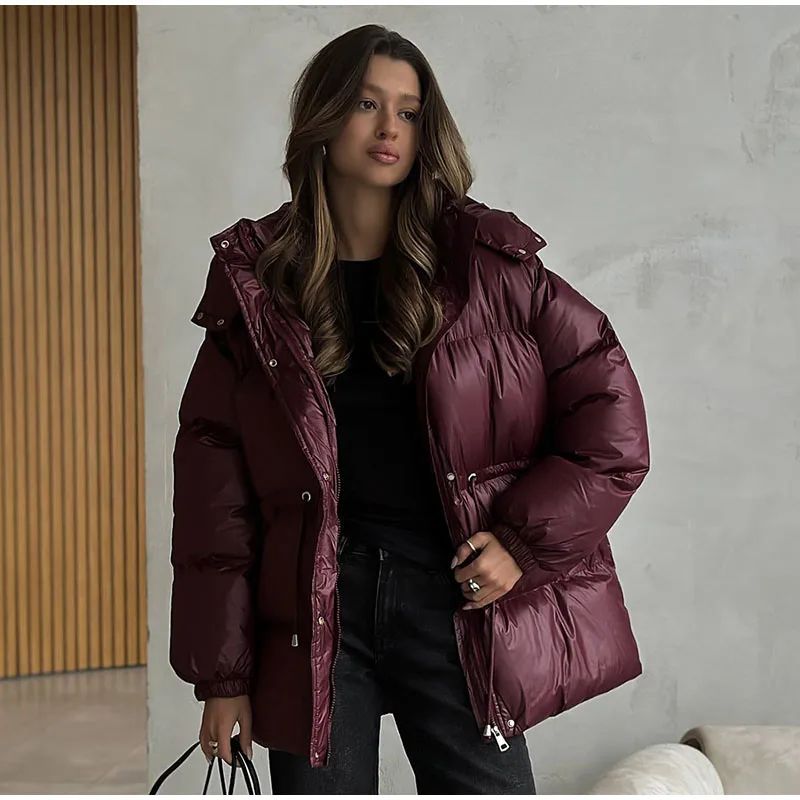 Glossy Shiny Women 's Down Jackets Vintage Hooded Zipper Puffer Full Sleeve Jackets For Woman 2025 Woman Winter Coats Outwears