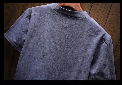 Men's Summer Loose-fit Short Sleeve Linen T-shirt Cotton Linen Body Solid Color Breathable V-neck Thin Top