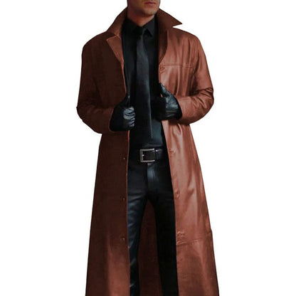 Casual Pure Color Slim Fit PU Leather Long Jacket Men's Coat with Lining Autumn Fashion Quality Outerwear Male Model