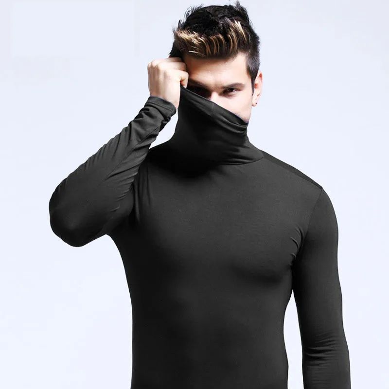 2025 Autumn New Men Mid to High Collar Warm Clothes Solid Color Outdoor Leisure Running Slimming Long Sleeve Bottom Shirt
