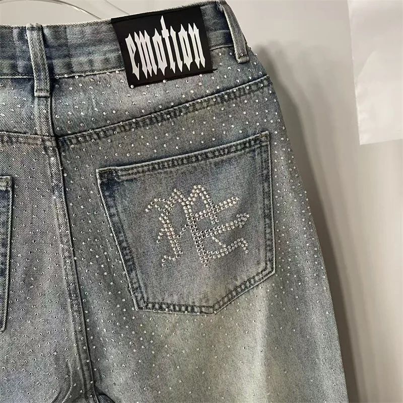 Calça Jeans Masculina Blue Washed MIXED EMOTION Hot Drill Letter Retrô Americana Calça Jeans Feminina Mixed Emotion