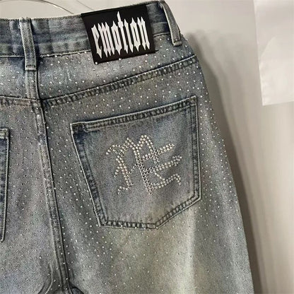 Calça Jeans Masculina Blue Washed MIXED EMOTION Hot Drill Letter Retrô Americana Calça Jeans Feminina Mixed Emotion