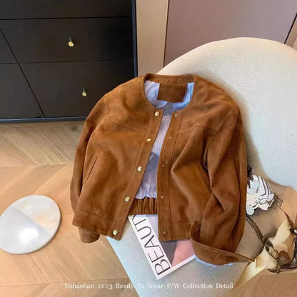 Retro Brown Suede Short Jacket Women's Spring Autumn Casual Loose Design Sense Meral Jacket Top round Neck Full Sleeve