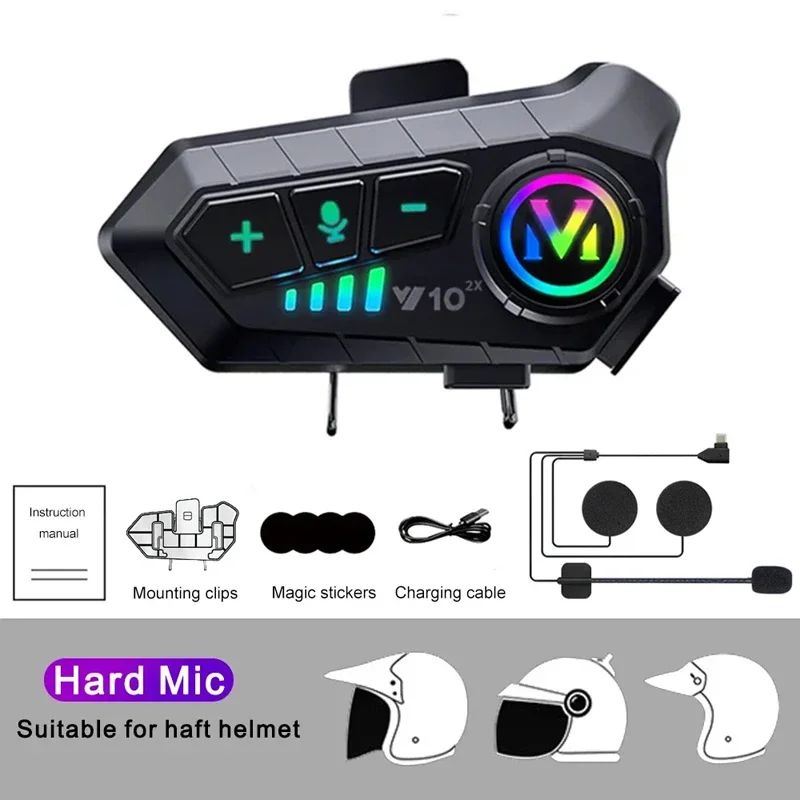1/2 Peças Y10 Intercomunicador Bluetooth para Capacete de Moto 2x 300M Sem Fio Intercomunicador 2000Mah Walkie Talkie para Moto com Microfone Rígido e Flexível
