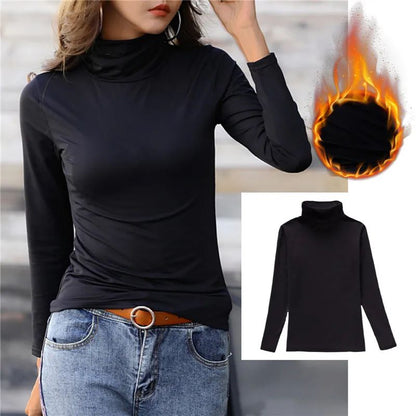 Women Thermal Underwear Winter Turtleneck Bottom Shirt Solid Semi High Collar Long Sleeve Basic T-Shirt Heating Fiber Pullovers