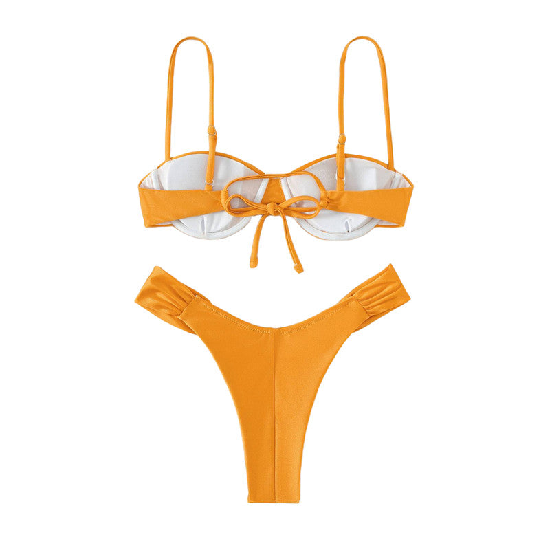 Women Padded Bikini Set Solid Color Pleated Sleeveless Bra+ Shorts Briefs Bikini For Women